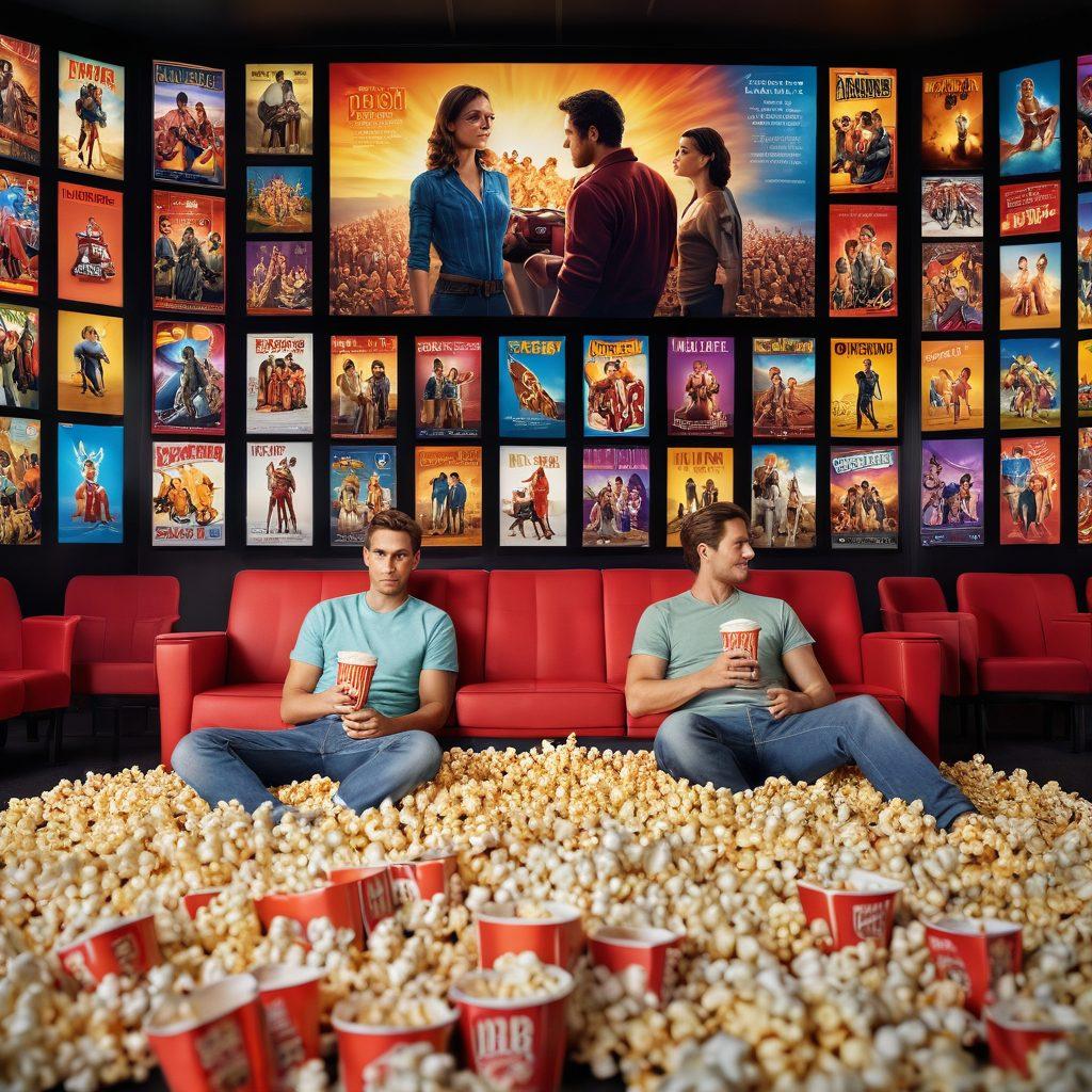 A dynamic movie theater scene showcasing a diverse audience captivated by a giant screen displaying colorful film posters and trailers. In the foreground, a trendy couple discusses the latest blockbuster, surrounded by popcorn and drinks. Include visual elements like film reels and vibrant movie-themed decorations. Cinematic lighting enhances the atmosphere, conveying excitement. super-realistic. vibrant colors. 3D.