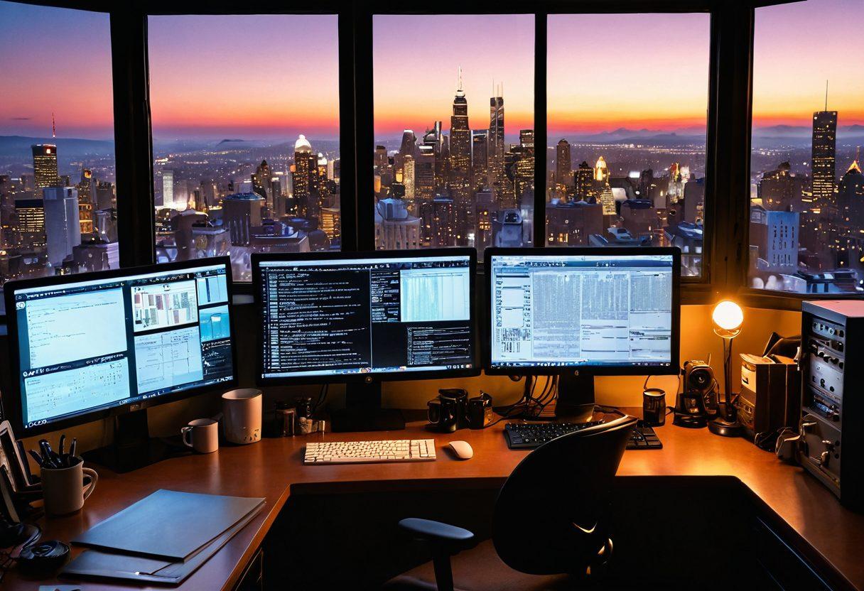 A cinematic workspace cluttered with scripts, storyboards, and coffee mugs, with a glowing computer screen showing a film editing software. In the background, vintage film reels and awards decorate the walls, while a window reveals a city skyline at dusk. A whimsical touch of a ghostly film critic observing the scene, adding an ethereal vibe. super-realistic. warm tones. vibrant colors.