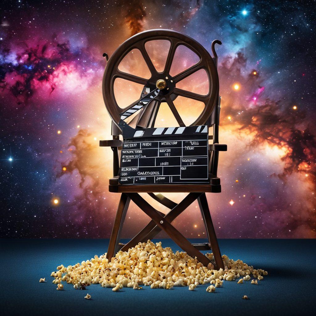 A mystical film reel unraveling into a vibrant galaxy filled with iconic movie symbols, such as a director's chair, clapperboard, and popcorn, coalescing around a glowing cinema screen displaying a captivating scene. The background should feature a starry night sky, symbolizing the magic of storytelling through film. super-realistic. vibrant colors. 3D.